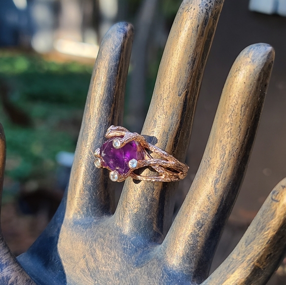 Amethyst raw nugget w/topaz accent stones sterling &rose gold ring sz7.75 - Picture 11 of 12